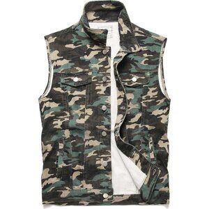 Denim Camouflag Lapel Sleeveless Slim Fit Retro Ripped Casual Jean Vest for Mens